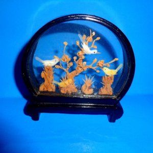 Antique Chinese Wild Bird Scene Under Glass, Wood Frame 3 x 3", By San You